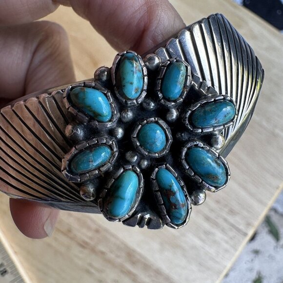Vintage Navajo Stamped Tom Sterling Silver 9 Turquoise Cabs Cuff Bracelet Deco‎ - Picture 5 of 12